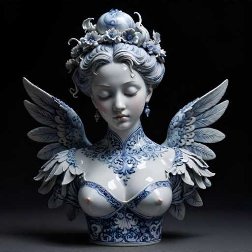 This image features a detailed bust of a woman, crafted from a material that appears to be either ceramic or porcelain. The bust is painted in a light blue hue, with intricate blue floral patterns adorning the chest area. The woman's hair is styled in a bun, with a few loose strands framing her face. Her eyes are closed, and she wears a serene expression. A delicate floral crown sits atop her head, adding to the overall elegance of the piece. The bust is set against a black background, which accentuates the fine details and craftsmanship of the sculpture.