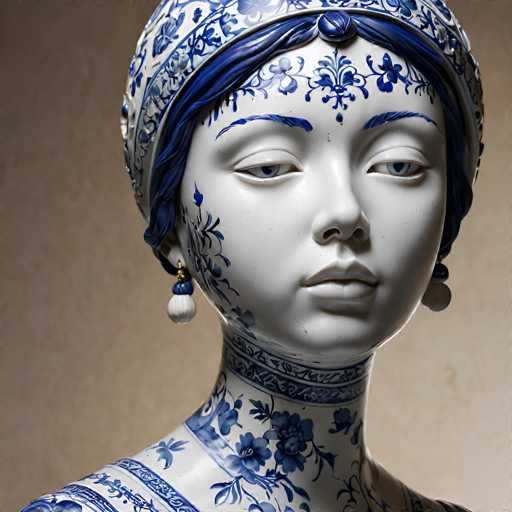 This image features a striking sculpture of a woman, meticulously crafted to resemble porcelain or fine china. The sculpture is predominantly white, adorned with intricate blue floral patterns that evoke the delicate designs found on fine china. The woman's face is serene, with her eyes gently closed, and her eyebrows painted in a vivid blue that matches the floral motifs on her attire. Her hair is styled in a bun, with strands cascading down the sides of her face, also painted blue to seamlessly blend with the overall design. She wears elegant blue and white earrings that complement the sculpture's aesthetic. The background is a muted brown, which serves to highlight the sculpture's exquisite details and delicate craftsmanship.
