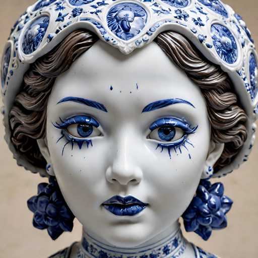 This image features a close-up of a porcelain doll's face, showcasing intricate details and vibrant colors. The doll's face is predominantly white, with striking blue accents that highlight its features. The eyebrows are painted a vivid blue, complementing the blue eyeshadow and eyeliner that accentuate the doll's blue eyes. The lips are painted a deep blue, adding to the doll's captivating appearance.

The doll's hair is short and brown, styled neatly around the face. Adorning the doll's head is a white porcelain hat, intricately decorated with blue floral patterns, adding a touch of elegance to its overall look. The doll's ears are visible, and each ear is adorned with a blue flower earring, further enhancing the doll's charming aesthetic.

Around the neck, the doll wears a blue and white porcelain necklace, which coordinates beautifully with the rest of its attire. The background of the image is a light brown, providing a warm contrast to the doll's porcelain complexion and blue accents.