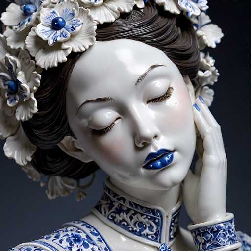 The image depicts a highly detailed and realistic porcelain figurine of a woman, possibly AI-generated, with a serene expression. She has dark brown hair styled in an updo, adorned with white porcelain flowers featuring blue centers. Her eyes are closed, and her long eyelashes and thin eyebrows are meticulously painted. Her lips are painted a striking blue, and her cheeks have a subtle pink blush. The woman's porcelain skin is smooth and glossy, reflecting light in a lifelike manner. She is wearing a blue and white porcelain dress with intricate floral patterns, and her right hand is raised to her face, with blue-painted fingernails. The background is a dark gray, which further accentuates the figure's delicate features and the fine details of her attire.