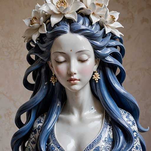 The image shows a close-up view of a ceramic sculpture depicting a woman with long blue hair and white flowers adorning her head. The sculpture is predominantly blue and white in color, with the woman's face being the most prominent feature. The background features a beige wall adorned with floral patterns.