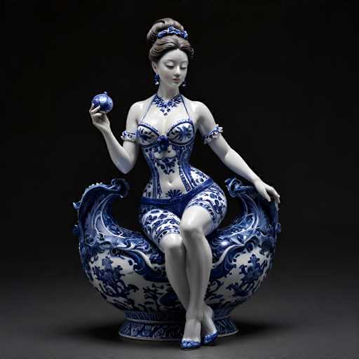 This image features a highly detailed statue of a woman, meticulously crafted to resemble porcelain or ceramic. She is seated gracefully on a white and blue porcelain vase, which is adorned with intricate floral patterns. The statue's attire is equally elaborate, consisting of a blue and white ensemble that includes a bra-like top, shorts, and matching shoes. Her hair is styled in an elegant updo, and she wears blue earrings that complement her outfit. The woman's eyes are closed, and she gazes downward, exuding a serene and contemplative expression. In her right hand, she holds a small blue and white ball, adding to the overall aesthetic harmony of the piece. The background is a stark black, which accentuates the statue's delicate features and intricate details, making it appear almost lifelike.
