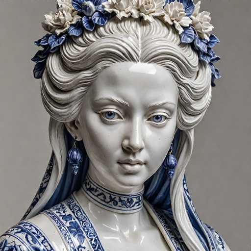 This image features a stunning porcelain figurine of a woman, meticulously crafted to exude elegance and grace. The figure is adorned with an elaborate headdress, composed of intricately designed flowers and leaves, which cascade down to her shoulders. Her hair is styled in a sophisticated updo, with soft waves that frame her face, adding to the overall charm. The woman's eyes are a captivating blue, and her eyebrows are painted in a matching hue, enhancing her expressive gaze. She wears long, dangling earrings that appear to be made of blue glass or porcelain, adding a touch of delicate beauty to her ensemble. The figurine is dressed in a blue gown that features intricate floral patterns, which are also present on her collar, creating a harmonious and visually appealing design. The porcelain is of the highest quality, with a glossy finish that reflects light beautifully, highlighting the exquisite craftsmanship. The background is a simple gray, which allows the detailed features and vibrant colors of the figurine to stand out prominently.