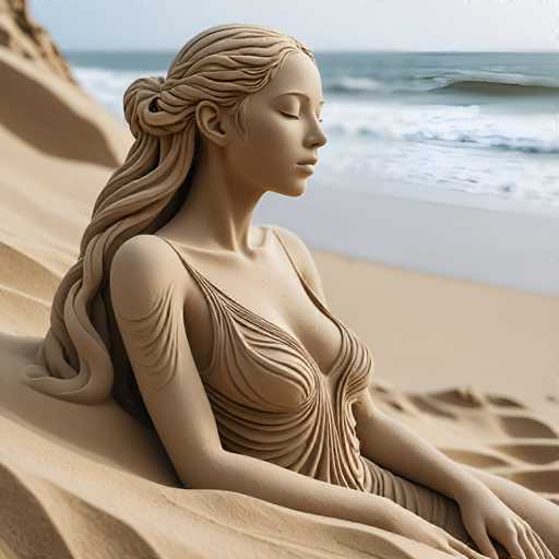 A meticulously crafted sculpture of a woman, seemingly made from clay or a similar material, sits serenely on a sandy beach. The sculpture, which is a light brown color, depicts the woman in a side profile with her eyes gently closed and her head slightly tilted to the right. Her long hair cascades down her back, with a portion elegantly wrapped around the back of her head. She is adorned in a flowing, sleeveless dress that drapes gracefully over her shoulders and chest, revealing her arms and hands. The beach around her is detailed with ripples and waves, adding to the serene atmosphere. In the background, the ocean stretches out with gentle waves, and the sky above is a soft, light blue, completing the tranquil scene.
