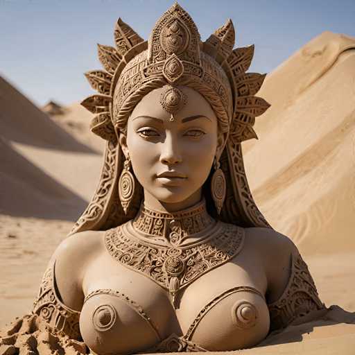 The image depicts a striking statue of a woman emerging from the sand, evoking the ancient and mythical essence of a desert goddess. The statue, rendered in a light tan hue, features intricate details that capture the viewer's attention. The woman's face is serene, with her eyes slightly squinted, giving her a contemplative expression. She wears an elaborate headdress adorned with a prominent jewel at the front, and her ears are decorated with large, ornate earrings. 

Her shoulders are bare, and she is dressed in a flowing garment that reveals her chest, with the fabric artistically draped over her breasts. The statue's arms are partially visible, extending outward from the sand. The background consists of a sandy expanse with dunes, under a clear blue sky, enhancing the statue's majestic and timeless presence.