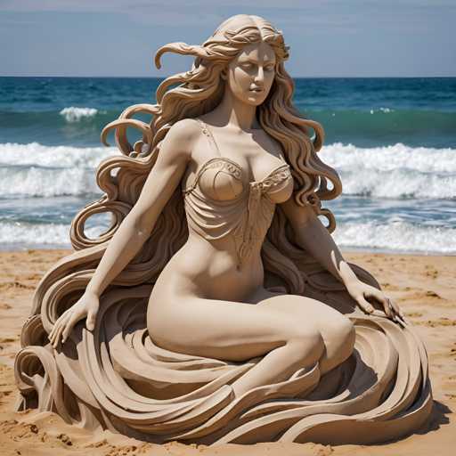 A large sand sculpture of a woman with long hair and a flowing dress is the central focus of the image. The sculpture is situated on a beach, with the ocean visible in the background.