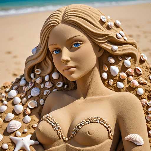 A meticulously crafted sand sculpture depicts a woman with flowing hair cascading down her back. The sculpture is adorned with an array of seashells, starfish, and various marine elements, creating a vibrant coastal scene. The woman's hair is intricately detailed, with shells nestled within it, adding texture and depth. Her eyes are a striking blue, contrasting beautifully with her tan complexion. She is adorned with a beaded necklace that elegantly drapes over her chest, complementing the beachy theme. The sculpture captures the essence of a serene beach, with the ocean's waves gently lapping at the shore in the background. The overall composition is a stunning representation of artistry and nature, blending the beauty of the human form with the elements of the sea.