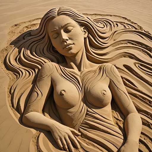 A meticulously crafted sand sculpture depicts a serene woman reclining on her back, her long hair cascading around her. The artist has skillfully used the natural texture of the sand to create intricate details, with the hair appearing almost lifelike as it flows and swirls around her. The woman's face is delicately sculpted, with her eyes gently closed and her lips slightly parted, exuding a sense of tranquility. Her body is positioned with her arms resting by her sides, and her chest is modestly exposed, with the sand artistically sculpted to suggest the presence of breasts. The sculpture captures the essence of relaxation, with the woman appearing to be in a peaceful slumber. The overall effect is one of delicate beauty and serene grace, masterfully achieved through the medium of sand.