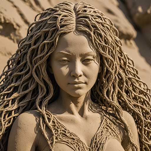 This image features a detailed statue of a woman, seemingly crafted from clay. The statue is depicted from the chest up, showcasing her slender shoulders and a delicate neck. Her face is adorned with a serene expression, characterized by a closed mouth and eyes that appear to be gazing slightly downward. The woman's hair is intricately styled into numerous braids that cascade down her back, adding to the statue's lifelike quality. She is dressed in a unique top that resembles a woven basket, with straps that crisscross over her shoulders and a V-shaped design that reveals a hint of her chest. The background of the image is a muted brown, providing a subtle contrast that highlights the statue's features.