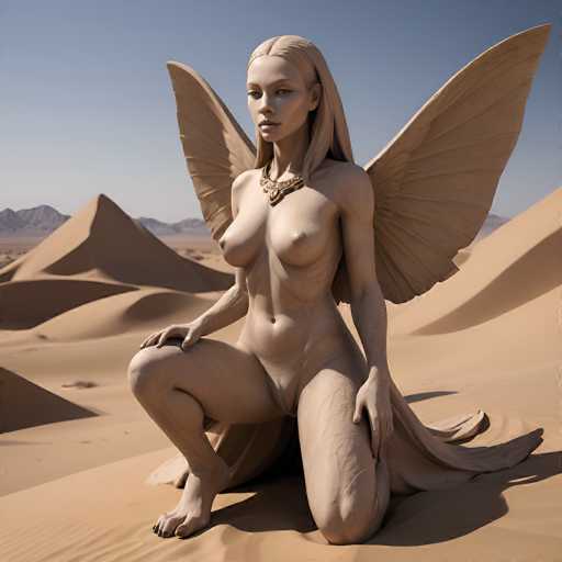 This image features a striking statue of a woman with butterfly wings, set against a backdrop of a desert landscape. The statue, which appears to be made of a light brown material, possibly sand or clay, depicts a nude woman with long blonde hair cascading down her back. She is adorned with a gold necklace and has her hands resting on her knees, with her right knee slightly elevated. The woman's butterfly wings are spread wide, adding to her ethereal appearance. In the background, a clear blue sky stretches above, with a mountain range visible on the left side and a pyramid-like structure on the right. The desert sand beneath her feet is detailed with ripples and shadows, enhancing the overall texture and depth of the scene.