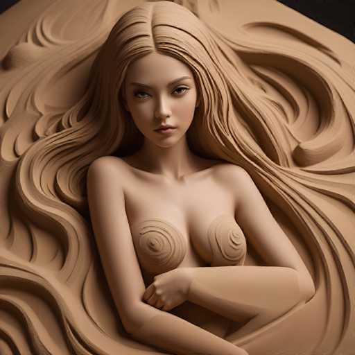 A detailed, photorealistic 3D rendering of a woman with long, flowing blonde hair, lying in a pose that suggests she's being sculpted from clay. The woman has a serene expression, with her eyes looking directly at the viewer. Her body is covered in textured clay, and the hair appears to be intricately sculpted with soft curves and flowing strands. The lighting is soft and diffused, highlighting the details of the clay texture and the woman's form. The overall style is reminiscent of a classical sculpture, with a focus on form and texture rather than realistic detail.