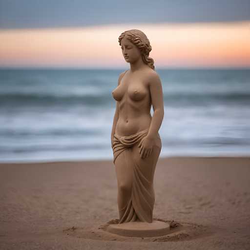 A meticulously crafted sand sculpture of a woman stands prominently on a beach, her form sculpted with remarkable detail. The figure, appearing unclothed, is adorned with a sash that elegantly wraps around her waist and drapes down to cover her private areas. Her long hair cascades down her back, adding to the lifelike quality of the sculpture. The woman's face is serene, with her eyes gently closed, and her hands rest gracefully at her sides. The sculpture is positioned on a raised platform, surrounded by a circular depression in the sand, creating a striking focal point against the backdrop of the beach. The ocean stretches out behind her, its waves lapping at the shore, while the sky above is painted in hues of pink and blue, suggesting either a sunrise or sunset. The overall scene is serene and captivating, with the sculpture seamlessly blending into its natural surroundings.