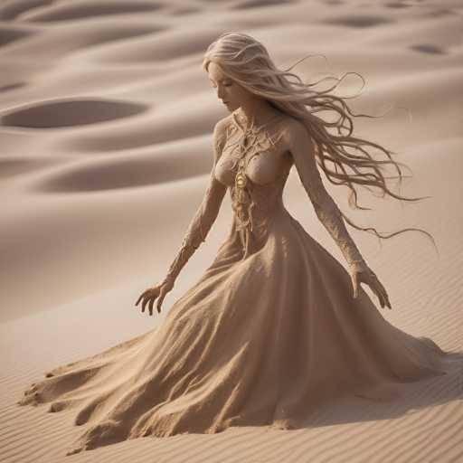 A captivating image features a woman with long, flowing blonde hair, dressed in a flowing gown that appears to be made of sand. The dress has a unique design, with a section that resembles a corset, and it elegantly drapes around her, blending seamlessly with the sandy environment. The woman is seated on a sand dune, her gown cascading down and merging with the surrounding sand. The background is a vast expanse of sand dunes, creating a serene and ethereal atmosphere. The woman's hair is notably long, with strands that seem to be caught in a gentle breeze, adding to the dreamlike quality of the scene. The overall composition evokes a sense of harmony between the woman and her natural surroundings, as if she is part of the landscape itself.