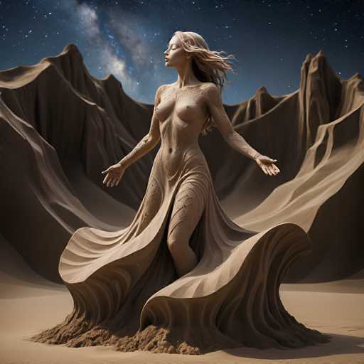 The image depicts a surreal, AI-generated scene of a woman made entirely of sand, standing in the middle of a desert. She is nude, with long, flowing blonde hair that appears to be caught in the wind. Her eyes are closed, and she has a serene expression on her face. The sand around her body is sculpted to resemble a dress that billows out to the sides, creating a dynamic and ethereal effect. Her arms are extended to her sides, and her legs are slightly apart, with her feet seemingly submerged in the sand. The background features a dark, starry sky with hints of blue and purple, and distant sand dunes that add depth to the scene. The overall composition is highly detailed and realistic, yet the fantastical elements of the sand woman and her surroundings give it a dreamlike quality.