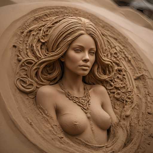 This image features a meticulously crafted sculpture of a woman, seemingly carved from clay. The artwork captures the woman from the chest up, with her shoulders and upper arms visible. She is adorned with a thick, ornate necklace that drapes elegantly over her chest. The woman's hair is long and wavy, cascading down to her shoulders. Her facial features are finely detailed, with a long nose and full lips. The sculpture is set against a background of swirling clay, adding a dynamic, almost ethereal quality to the piece. The entire composition is rendered in a rich brown hue, emphasizing the earthy, clay-like texture of the sculpture.