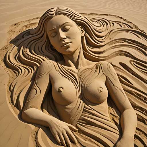 The image shows an intricate sand sculpture of a woman's body with her arms and legs spread out in a relaxed pose. The sculpture is made from sand and features the woman's face and hair, giving it a lifelike appearance. The background of the sculpture is a sandy beach, adding to the overall beachy aesthetic of the piece.