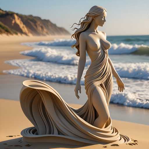 The image shows a statue of a woman standing on a beach with her arms outstretched and legs apart. The statue is made from white material and has a flowing skirt that sways with the wind. In the background, there are cliffs overlooking the ocean, adding depth to the scene.