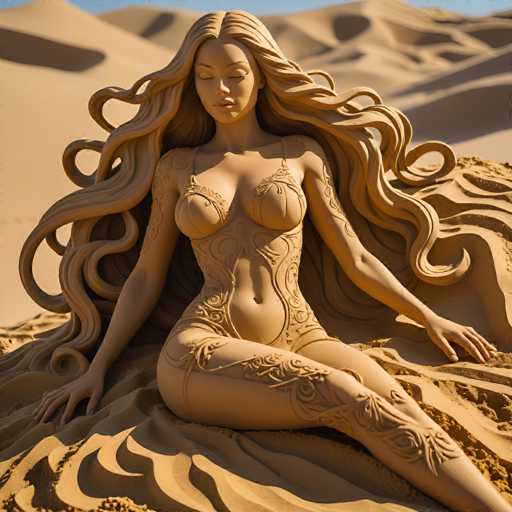 A stunning sand sculpture of a woman is depicted in this image. The artist has skillfully crafted the figure to appear as though she is emerging from the sand, with intricate details that bring her to life. The woman is adorned in a unique two-piece outfit that combines elements of a bikini top and a bodysuit, featuring a midriff-baring design. Her long, flowing hair cascades down her back, adding to the sculpture's elegance. The artist has meticulously included tattoos on her arms and legs, enhancing the realism of the piece. The woman's eyes are closed, and her lips are slightly parted, giving her a serene expression. She is seated on the sand, with her hands resting gently beside her. The background showcases a vast expanse of sand dunes, with the sky visible at the top of the image, completing this captivating desert scene.
