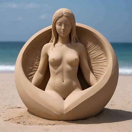 A stunning sand sculpture stands on a pristine beach, capturing the essence of a serene woman. The sculpture, crafted from light brown sand, depicts a nude figure with long hair cascading down her back. Her eyes are gently closed, and her arms rest gracefully by her sides. The artist has meticulously detailed her features, including her belly button and the subtle contours of her breasts, all sculpted from the same sand. The woman appears to be nestled within a large, egg-shaped structure, also made of sand, which adds an intriguing element to the piece. The sculpture is set against a backdrop of soft, light brown sand, with the ocean's blue waters and white foam visible in the distance. Above, the sky is a clear blue, dotted with a few white clouds, completing this picturesque scene.