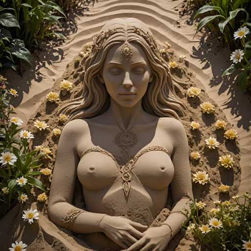 The image depicts a detailed sand sculpture of a woman, meticulously crafted to capture her serene and graceful presence. The sculpture, made entirely from sand, showcases the woman reclining with her hands gently resting on her stomach. She is adorned with a delicate necklace that elegantly drapes over her chest, and her long, flowing hair cascades down her back, adding to the overall sense of tranquility.

The woman's eyes are closed, and she wears a subtle, serene smile, enhancing the peaceful ambiance of the scene. Her skin is sculpted with a light tan hue, and she is depicted with prominent breasts, adding to the realism of the piece. The artist has skillfully incorporated shadows to create a sense of depth and realism, particularly noticeable around the woman's chest and arms.

Surrounding the woman are small yellow flowers, which add a touch of color and life to the predominantly sandy composition. The background features a wavy pattern of sand, further emphasizing the fluidity and grace of the sculpture. The entire scene is bathed in natural light, highlighting the intricate details and textures of the sand sculpture.