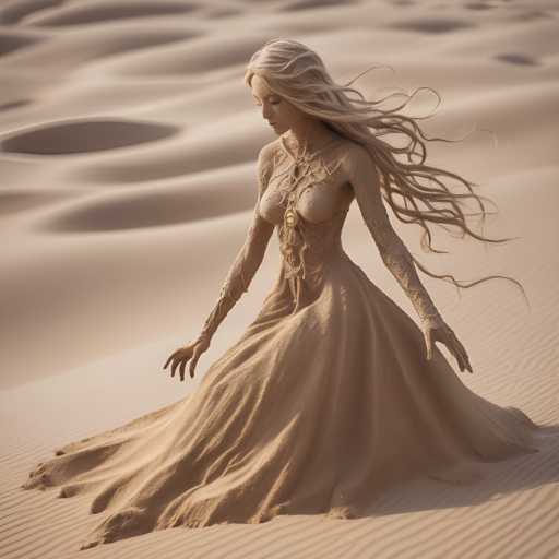 A woman with blonde hair is depicted wearing a long dress and holding her hands outstretched as she sits on the sand dunes of a desert.
