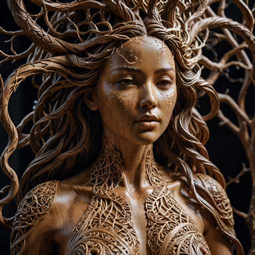 This image depicts a highly detailed, computer-generated rendering of a woman with an intricate, tree-like design. The woman's face is adorned with numerous small, golden dots that resemble seeds or beads, particularly concentrated around her eyes and cheeks. Her hair is styled in a manner reminiscent of Medusa, with branches and roots intertwining and extending outward, giving the impression of a fusion between human and natural elements. The background is a deep, dark black, which accentuates the golden hues of her skin and the intricate details of her design. The overall effect is a striking blend of organic and mechanical aesthetics, creating a captivating and otherworldly visual experience.