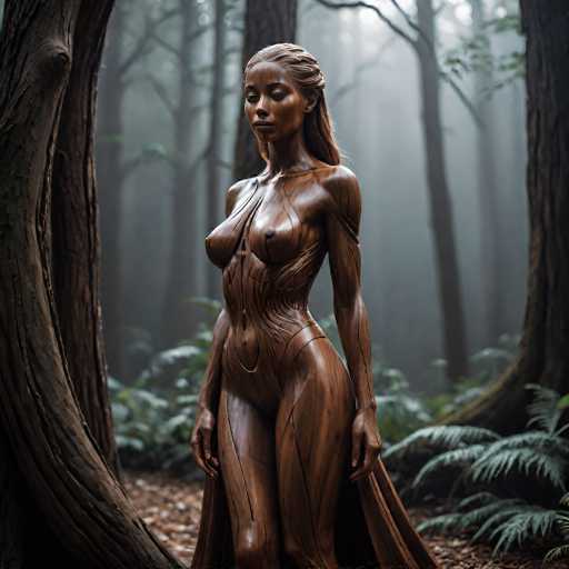 The image depicts a computer-generated, highly detailed statue of a nude woman with long, dark hair, standing in a forest. The statue, crafted from a dark brown material resembling wood or metal, features intricate lines and textures that give it a lifelike appearance. The woman's eyes are closed, and she has a serene expression with her arms hanging by her sides. She stands on a bed of brown leaves, surrounded by green ferns and tall trees with brown trunks. The background is slightly blurred, emphasizing the statue's intricate details and the natural elements around her.