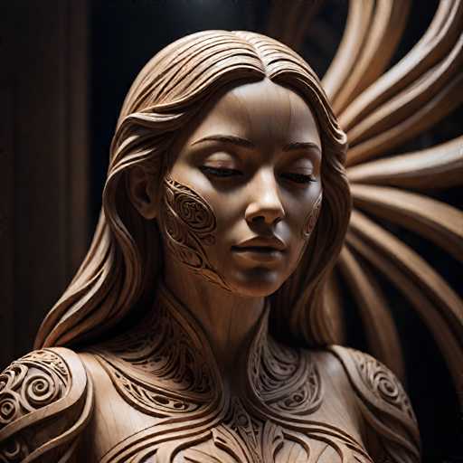 This image showcases a stunningly detailed wooden sculpture of a woman, likely crafted from light-colored wood such as maple or birch. The sculpture captures the woman from the chest up, with her head slightly tilted to the right and her eyes gently closed, giving her a serene expression. Her long, flowing hair cascades down her back, intricately carved to resemble flowing water. The woman's face is adorned with elaborate carvings that extend from her cheeks down to her neck, resembling ornate tattoos or intricate patterns. Her shoulders are decorated with swirling designs, adding to the overall elegance of the piece. The background is a dark, almost black hue, which contrasts beautifully with the light wood, highlighting the sculpture's intricate details. The overall effect is a mesmerizing blend of natural wood grain and meticulous craftsmanship, creating a lifelike and tranquil representation.