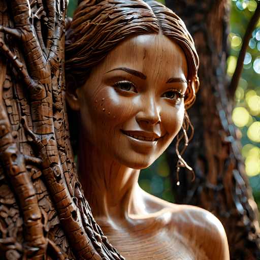 This image features a meticulously carved wooden statue of a woman, showcasing an impressive level of craftsmanship. The statue, made from light brown wood, depicts a woman with her hair styled in a braid that drapes over her right shoulder. Her face is adorned with intricate details, including a series of small dots on her right cheek, which could represent freckles or artistic embellishments. The statue's eyes are painted a striking blue, and her lips are painted a vivid red, adding a touch of color to the wooden sculpture. The woman is smiling, revealing her teeth, and her neck is elegantly elongated. She is leaning against a tree trunk, which is also carved from wood, blending seamlessly with the statue. The background is blurred, featuring hints of green foliage and additional tree trunks, creating a serene, natural setting that complements the wooden artistry.