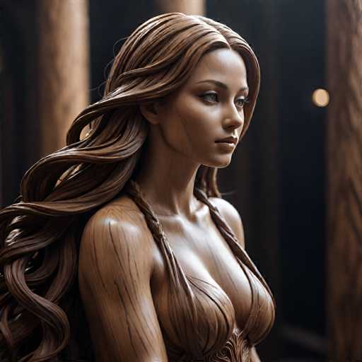 This image features a striking statue of a woman, crafted from a material that resembles wood or stone. The statue's skin is a rich brown, adorned with intricate black lines that add depth and texture to her form. Her long, flowing hair cascades down her back, with a braid elegantly draped over her shoulder. The statue's eyes are a captivating gray, and her lips are painted a soft pink. She is dressed in a unique top that resembles a bikini, with straps extending over her shoulders and down her arms. The background is a deep black, punctuated by two large brown pillars that frame the statue. A small, glowing yellow light is visible on the right side of the image, adding a touch of warmth to the otherwise dark setting.