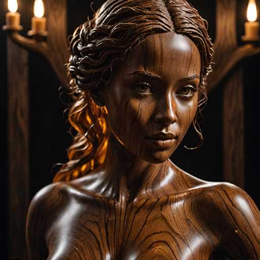 This image features a striking sculpture of a woman, crafted from wood that has been meticulously stained and polished to a high sheen. The sculpture captures the woman from the chest up, showcasing her bare shoulders and collarbone. Her hair is styled in a wavy, braided updo that cascades down her back, with loose strands framing her face. The woman's skin is a rich brown, adorned with dark wood grain lines that add texture and depth to her appearance. Her facial features are delicate, with thin eyebrows, long eyelashes, and brown eyes that gaze directly at the viewer. She wears large hoop earrings, and her lips are painted a soft pink. The background is dark, accentuating the sculpture's details, and features a wooden candle holder with four lit candles, adding a warm glow to the scene.
