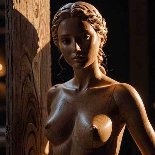This image features a detailed wooden sculpture of a topless woman, showcasing her from the waist up. The sculpture is crafted from a rich brown wood, with visible grain patterns adding to its realistic texture. The woman's hair is intricately styled, with the front portion pulled back into a braid that drapes over her left shoulder, while the rest of her hair cascades down to her shoulders. Her facial features are finely detailed, with a slightly open mouth and expressive eyes. The sculpture captures her bare arms and chest, with her nipples distinctly carved. She stands in front of a wooden wall, which casts a shadow of her head and shoulders, adding depth to the composition. The background is dark, with a hint of light in the bottom left corner, enhancing the sculpture's dramatic presentation.