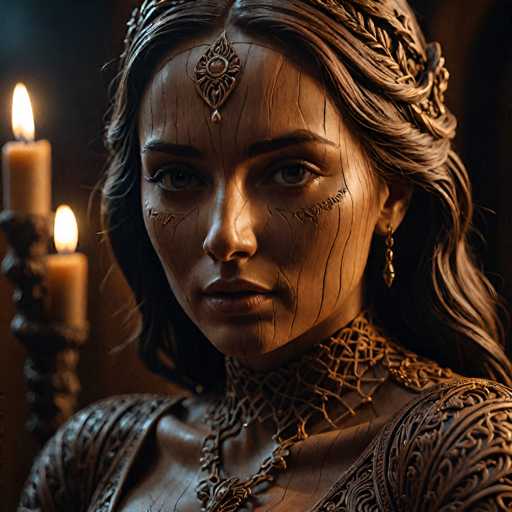 The image depicts a highly detailed, computer-generated portrayal of a woman with a distinctly wooden appearance, as if she were carved from wood. Her skin is a rich brown, and her face is adorned with intricate, vine-like patterns that resemble wood grain. She has long, wavy brown hair styled in a half-up, half-down fashion, with a braid on one side. Her eyes are accentuated with gold eyeliner, and she wears a teardrop-shaped ornament on her forehead, which extends down to her nose. She is dressed in an ornate, brown outfit that features a high collar and intricate designs, complemented by a matching necklace. Her expression is serious, and she gazes directly at the viewer. To her left, there is a lit candle on a candlestick, adding a warm glow to the scene. The background is dark, emphasizing the woman's detailed features and attire.