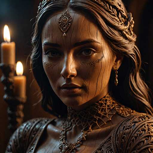 The image depicts a woman with long dark hair wearing a gold and black costume that includes a headdress adorned with intricate designs. She is positioned against a dark background, which contrasts with her attire and accentuates the details of her costume. The lighting from two candles in the background casts shadows on her face, adding depth to the scene.