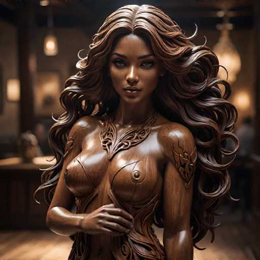 The image depicts a highly detailed, computer-generated statue of a woman with dark skin and long, wavy brown hair cascading past her waist. She has striking blue eyes and full lips, and her expression is serious as she gazes directly at the viewer. The statue, which appears to be made of a dark brown material resembling wood or metal, features intricate carvings and designs. A leaf-like pattern adorns her chest, extending from her neck down to her belly button, and similar designs embellish her left shoulder. Her right hand is placed on her stomach, while her left arm hangs by her side. The background is blurred, suggesting a bar or restaurant setting with hanging lights and indistinct figures, adding to the focus on the statue's exquisite craftsmanship.