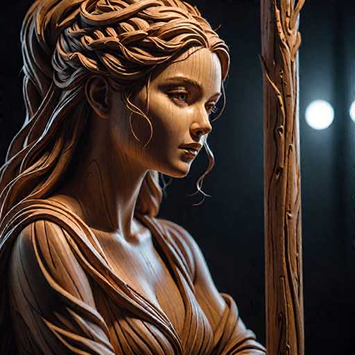 The image depicts a highly detailed, computer-generated statue of a woman, possibly made of wood or clay, with a light brown hue. She is positioned on the left side of the image, facing right, with her head slightly tilted downward. Her long, wavy hair is intricately braided at the top, cascading down her back. She has a long, slender neck and is adorned in a flowing, low-cut dress that reveals her shoulders and chest. The statue's face features a long nose, full lips, and expressive eyes. To her right, there is a tall, textured wooden staff or tree branch, adding to the naturalistic theme. The background is dark, with two bright white lights on the right side, possibly resembling spotlights or candles, enhancing the statue's serene and contemplative expression.