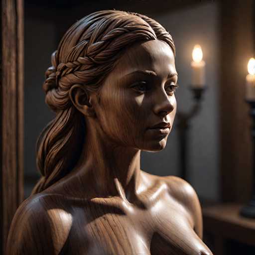 This image features a highly detailed, realistic wooden statue of a woman, captured from the chest up. The statue, crafted from dark brown wood, showcases intricate grain lines that add to its lifelike appearance. The woman's face is turned slightly to the right, with her gaze directed downward, giving her a contemplative expression. Her long hair is styled in a braid that drapes over her shoulder, and her bare chest is visible, with the top of her breasts just peeking into the frame. The statue's skin is smooth, and her facial features, including her nose, lips, and eyebrows, are finely detailed. In the background, there is a blurred wooden wall with a dark brown wooden post on the left side. To the right, a wooden table holds a black candelabra with two lit candles, adding a warm glow to the scene. The overall composition highlights the statue's craftsmanship and the serene, introspective mood it conveys.