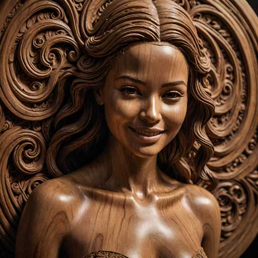 The image shows a wooden sculpture of a woman's face with her hair styled in loose curls and a smile on her lips. The sculpture is carved from wood and features intricate designs around the neck area and the top of the head.