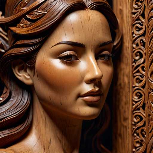 This image features a close-up of a meticulously carved wooden statue of a woman, showcasing her head and neck. The statue, crafted from light brown wood, exhibits a smooth, polished surface with intricate details. Her long, wavy hair cascades down, with some strands elegantly draped over her right shoulder. The woman's face is adorned with expressive features, including brown eyes, long eyelashes, and thin, arched eyebrows. Her full lips are slightly parted, revealing a hint of her teeth, and her cheeks are accentuated with a touch of blush. The statue's neck is slightly turned to the right, adding a dynamic angle to the portrait. To the right of the statue, a wooden wall with a carved, spiral pattern provides a textured backdrop, enhancing the overall aesthetic of the scene.
