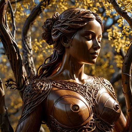 This image features a meticulously carved wooden statue of a woman, showcasing an impressive level of craftsmanship. The statue, made entirely from wood, depicts a woman with long, flowing hair that cascades down her back. Her hair is intricately styled, with a section elegantly wrapped around her head. The statue's facial features are delicately carved, with closed eyes and a serene expression, exuding a sense of tranquility.

The woman's body is adorned with an elaborate, woven top that resembles a basket. This intricate design extends over her shoulders and down her arms, adding to the statue's overall beauty and complexity. The statue is positioned in front of a backdrop of trees, with branches and leaves visible, enhancing the natural setting. The lighting in the image is bright, highlighting the fine details of the statue and creating a striking contrast against the wooden figure.