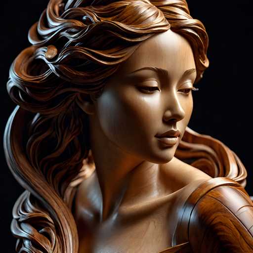 The image shows a wooden sculpture of a woman's face and neck. The sculpture is carved from wood with intricate details that give it a lifelike appearance. The woman has long hair that cascades down her back, adding to the realism of the piece. The background is black, which contrasts with the brown color of the sculpture and makes it stand out even more.