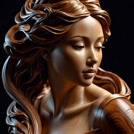 This image features a meticulously crafted wooden sculpture of a woman, showcasing an exquisite level of detail. The sculpture, made from a rich brown wood, captures the essence of a woman with long, flowing hair that cascades down her back, elegantly styled with a side part. Her hair is intricately carved, with each strand and curl rendered with precision, adding to the sculpture's lifelike quality.

The woman's face is delicately sculpted, with her eyes gently closed, giving her a serene and contemplative expression. Her eyebrows are finely detailed, and her full lips are slightly parted, adding to the sculpture's realistic appearance. The artist has skillfully captured the subtle contours of her neck and shoulders, emphasizing the graceful lines of her form.

She is adorned in a dress that appears to be made from the same wood, seamlessly blending with her skin. The dress features a strap that elegantly drapes over her shoulder, enhancing the overall aesthetic of the piece. The sculpture is set against a stark black background, which accentuates the intricate details and rich tones of the wooden sculpture, making it the focal point of the image.