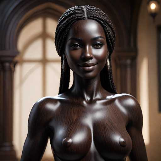 This image features a strikingly realistic AI-generated depiction of a Black woman with an extraordinary appearance. Her skin is a deep, rich brown, and her hair is styled in intricate braids that frame her face and cascade down her back. Her eyes are a captivating brown, and her lips are painted a glossy brown, adding to her allure. She is adorned with large, elegant hoop earrings that complement her overall look.

The woman's body is notably smooth and shiny, with a texture reminiscent of polished wood, giving her an almost surreal quality. Her shoulders are broad and well-defined, and she has a full bust. The image captures her from the chest up, with her arms resting at her sides, exuding a sense of calm and confidence.

The background is softly blurred, drawing attention to the woman while providing a subtle context. Behind her, there is a white wall with a window framed in brown wood. The window features a decorative arch at the top and is divided into four panes by a cross-shaped wooden frame. To the right of the window, a light fixture is mounted on the wall, adding a touch of warmth to the scene. The overall composition creates a serene and elegant atmosphere, highlighting the beauty and strength of the AI-generated figure.