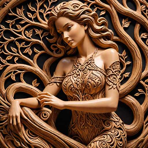 A detailed, intricately carved wooden sculpture of a woman with flowing, curly hair, seated within a stylized tree or vine-like structure. The sculpture is rendered in a warm, golden tone and appears to be highly detailed with intricate patterns and textures. The woman's expression is serene, and her body is gracefully posed within the organic form of the sculpture. The background is a dark, textured surface that contrasts with the detailed carving of the woman and her surroundings. The overall style is reminiscent of a fantasy or mythological theme, with a focus on intricate craftsmanship and organic forms.
