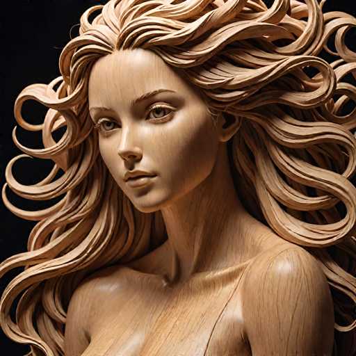 This image features a meticulously crafted wooden sculpture of a woman, showcasing her from the chest up. The sculpture is made from light brown wood, with darker brown grain patterns adding depth and texture. The woman's face is delicately carved, with a small nose, full lips, and expressive brown eyes. Her eyebrows are finely detailed, and her long, flowing hair cascades down in wavy, curly strands, almost reaching her waist. The hair is intricately carved, with each strand clearly visible, adding to the sculpture's realism. The woman's shoulders are bare, and she appears to be wearing a strapless top, with her collarbones subtly defined. The background is a stark black, which contrasts sharply with the light-colored wood, highlighting the sculpture's intricate details. The overall effect is a striking and lifelike representation of a woman, expertly carved from wood.