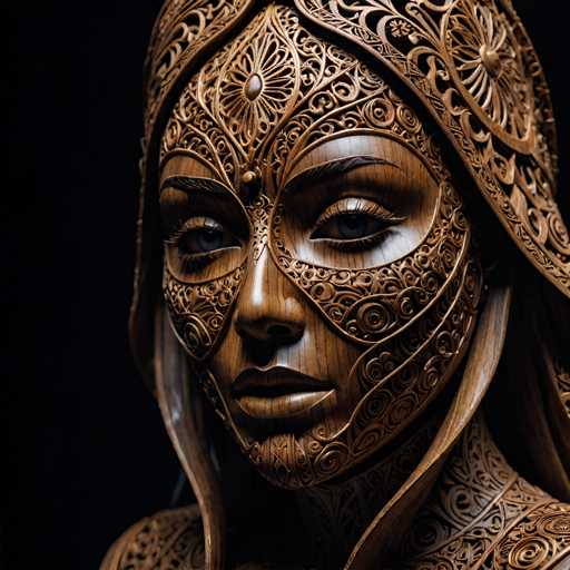 The image shows a close-up view of a wooden sculpture depicting the face and upper body of a woman. The sculpture is intricately carved with detailed patterns and designs, giving it an antique appearance. The artist's signature can be seen in the bottom right corner of the image.