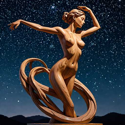 The image depicts a highly detailed, computer-generated statue of a nude woman, seemingly crafted from wood or stone. The statue stands on a square wooden base, with her body facing forward while her head is turned to the right. Her left arm is bent at the elbow, with her hand resting on her forehead, and her right arm extends behind her, fingers pointing downward. The woman's hair is styled in a bun, and her eyes are closed, giving her a serene expression. She has a slim build, with visible breasts and a navel. Surrounding her legs are swirling, ribbon-like elements that add a dynamic touch to the composition. The background features a dark blue sky filled with numerous white stars, and the silhouette of mountains can be seen at the bottom of the image. The overall scene is set against a night sky, enhancing the statue's ethereal and tranquil presence.