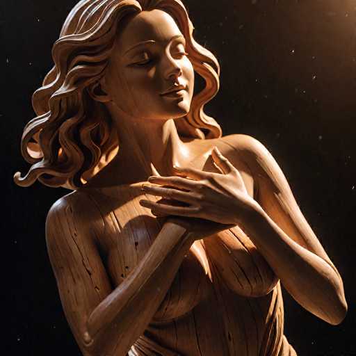 A detailed, photorealistic 3D rendering of a wooden sculpture of a woman in a pose of gentle embrace. The sculpture is made of light-colored wood with visible grain, and it's illuminated by a warm, soft light source from the left, casting subtle shadows that emphasize the curves and contours of her body. Her eyes are closed, and her hands are delicately clasped together in front of her chest. The background is a deep, dark black, which makes the sculpture stand out as the focal point of the image. The overall mood is serene and peaceful, highlighting the tactile quality of the wooden material.