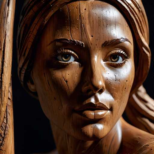 This image features a meticulously carved wooden statue of a woman, showcasing an impressive level of craftsmanship. The statue, made from a rich brown wood, captures the woman's face with remarkable detail. Her long hair is styled in a ponytail that drapes over her left shoulder, adding to the lifelike quality of the piece. The woman's eyes are a captivating blue, and her eyebrows are thick and well-defined. Her lips are full and slightly parted, revealing a hint of her inner beauty. The statue's surface is smooth, with a few natural imperfections in the wood adding to its authenticity. The woman's gaze is directed straight at the viewer, creating a sense of connection. The background is a stark black, which contrasts beautifully with the warm tones of the wood, highlighting the statue's intricate details.