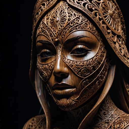 This image features a meticulously carved wooden mask of a woman, set against a stark black background. The mask, crafted from dark brown wood, showcases intricate details and a high level of craftsmanship. The woman's face is adorned with elaborate carvings, including swirling patterns and floral motifs that extend from her forehead down to her chin. Her eyes, painted a striking blue, gaze directly at the viewer, framed by long eyelashes and thick eyebrows. The mask's nose is prominent, and her lips are slightly parted, revealing a hint of expression. She wears a headdress that drapes over her head and extends down to her shoulders, adding to the mask's ornate appearance. The overall effect is a captivating blend of artistry and realism, highlighting the skill involved in creating such a lifelike wooden sculpture.